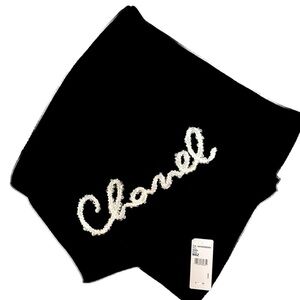CHANEL NWT 100% Cashmere Black Stole Scarf. Hand Embroidered Pearl Logo
